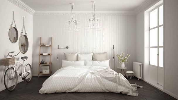 Skandynawskie minimalistyczny sypialnia z duże okno i w jodełkę  - Zdjęcie, obraz