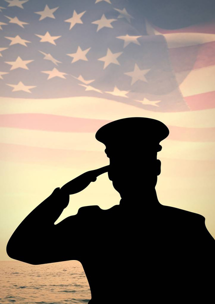 veterans day soldier in front of flag - Foto, Imagen