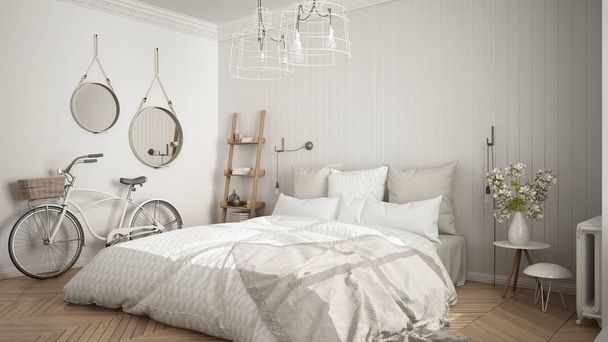 Chambre scandinave minimaliste avec grande fenêtre et chevrons
  - Photo, image