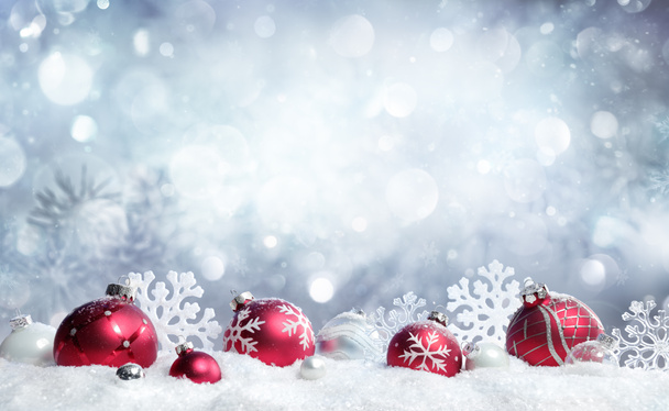 Christmas Card - Red Baubles And Snowflakes With Snowfall - Photo, Image