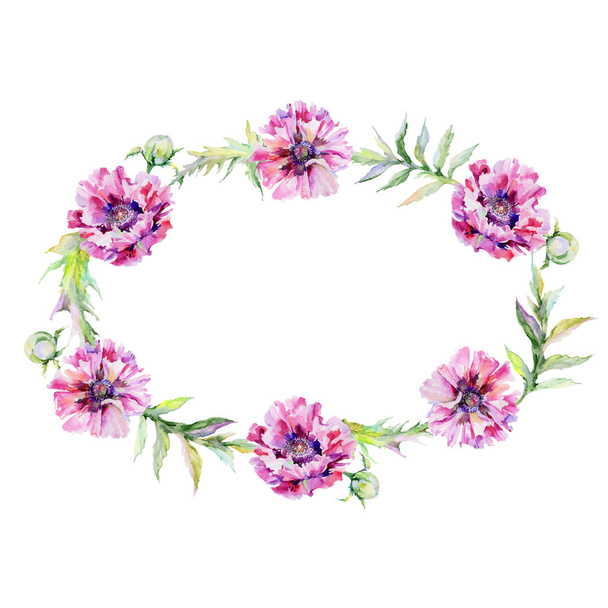 Wildflower poppy flower wreath in a watercolor style. - Φωτογραφία, εικόνα