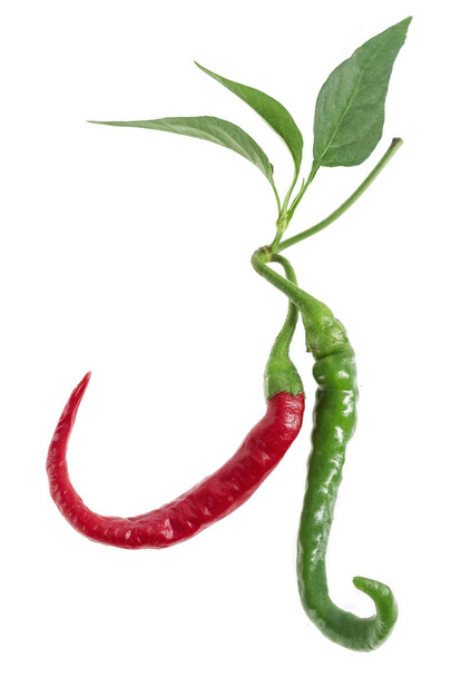Groen, cayenne rood gekleurde pepers geïsoleerd op witte achtergrond. - Foto, afbeelding