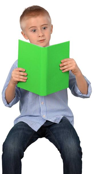 Little boy reading book isolated on white background - Foto, Imagen