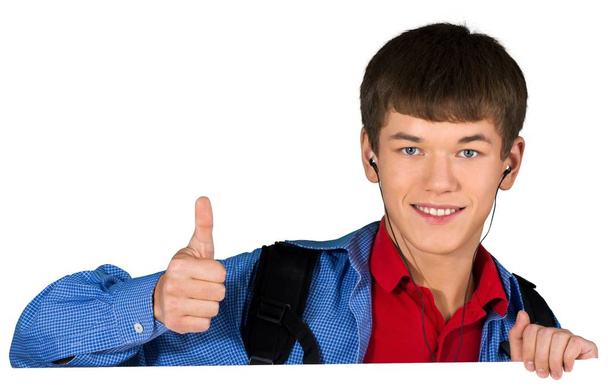 opiskelija poika näyttää peukalot ylös eristetty valkoisella taustalla
 - Valokuva, kuva