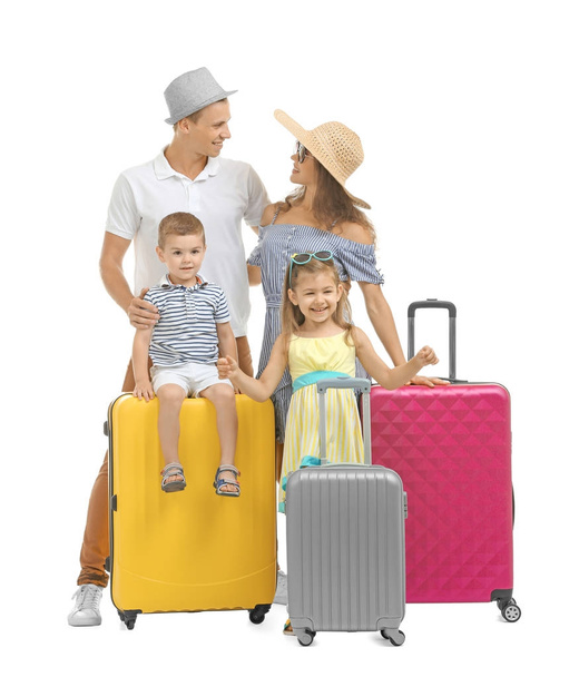 Happy family with suitcases, isolated on white - Фото, зображення