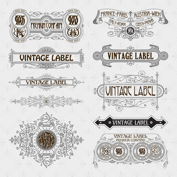 Elementos florales antiguos vintage - cintas, monogramas, rayas, líneas, ángulos, borde, marco, etiqueta, logotipo - vectores
 - Vector, Imagen