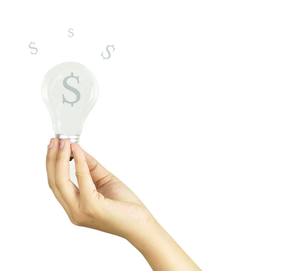 mano che tiene la lampadina con il segno dei soldi, ottenendo l'idea e riceve il profitto
 - Foto, immagini