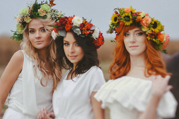 three colors of autumn. three girls in autumn wreaths stand on nature - Фото, изображение