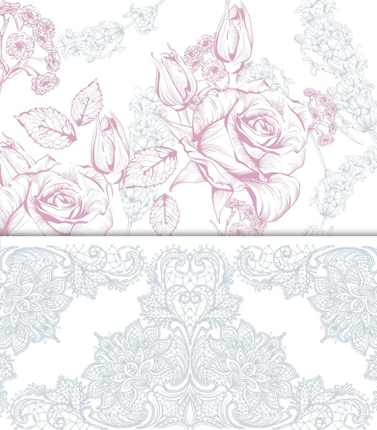 Vintage rose flowers and lace card. Vector line art. Beautiful background. hand drawing graphic styles - Vektor, Bild