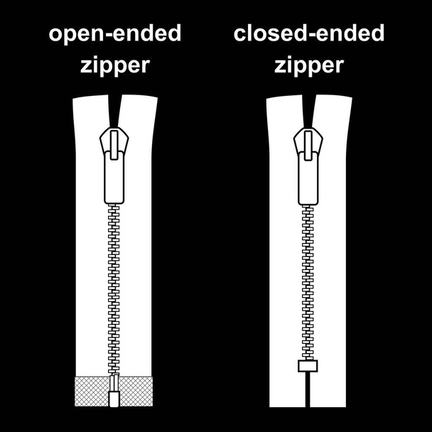 typy na zip. režim uzavřeného a otevřeného zip vektorové ilustrace izolované na černém pozadí. - Vektor, obrázek