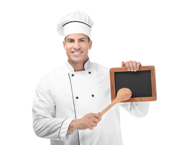 Male chef with chalkboard on white background - Fotoğraf, Görsel