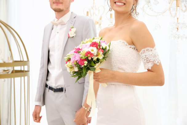 Happy beautiful couple on wedding day, indoors - Foto, Bild
