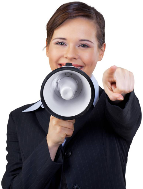 young business woman in suit using megaphone isolated on white background  - Φωτογραφία, εικόνα