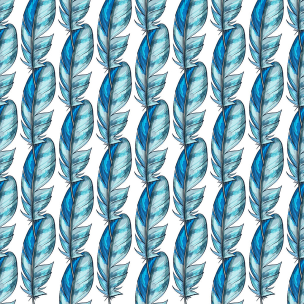 Vector seamless pattern with blue detailed bird feathers - Вектор,изображение