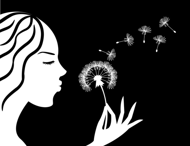 Girl blowing a dandelion - Διάνυσμα, εικόνα