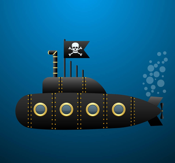 Siyah korsan denizaltı suyun altında. Jolly Roger bayrak. Karikatür tarzı. Vektör görüntü. - Vektör, Görsel