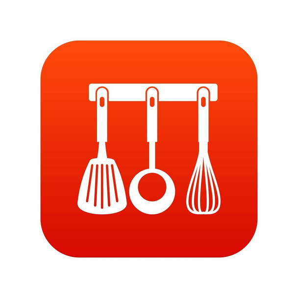 Espátula, concha e batedor, ícone de ferramentas de cozinha vermelho digital
 - Vetor, Imagem