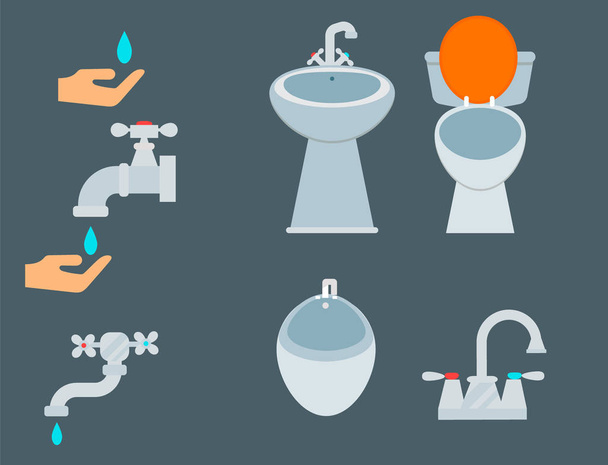 Ванное оборудование иконка унитаз ванная комната чистый плоский стиль иллюстрации гигиены дизайн
. - Вектор,изображение