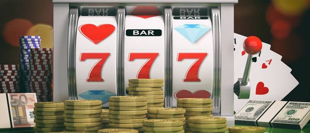 Automat, pieniądze, asy i poker chips. ilustracja 3D - Zdjęcie, obraz