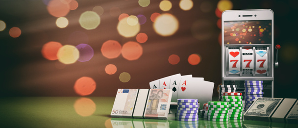 スマート フォンの画面、ポーカー チップ、カード、お金でスロット マシン。3 d イラストレーション - 写真・画像