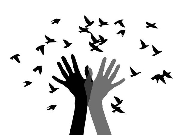 Silhouette of two hands and the birds - Vector, Image