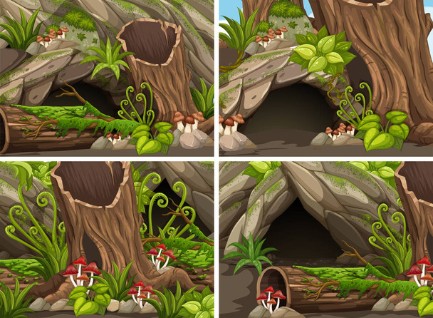 Four forest scenes with woods and cave - Vector, Image