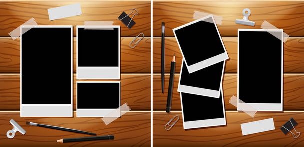 Photo frames on wooden board with other stationeries - Vector, Image