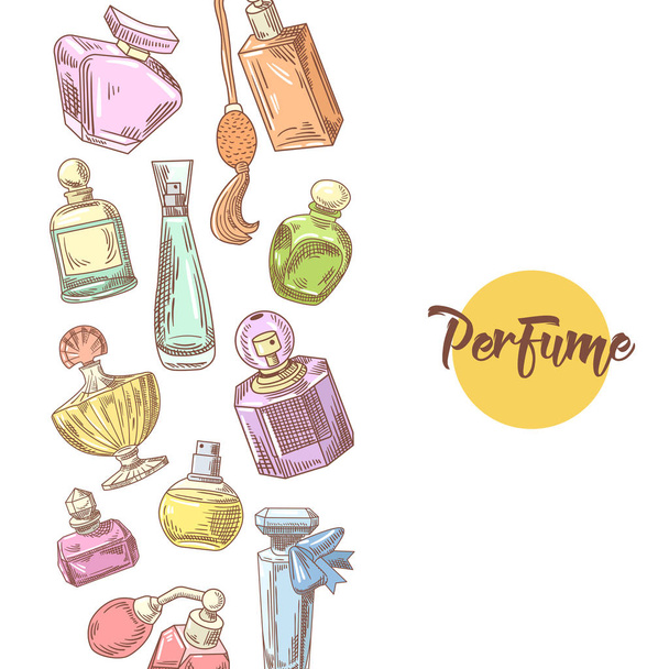 Parfüm palackok kézzel rajzolt firka. Francia Aroma. Nő szépség. Vektoros illusztráció - Vektor, kép