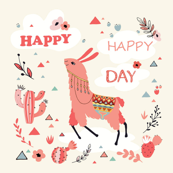 Happy Lama Card - Vector, Image