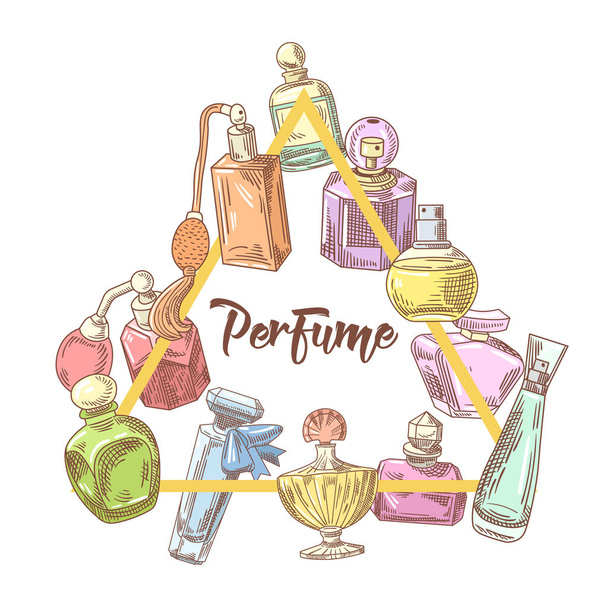 Hajuvesipullot Käsin piirretty Doodle. Ranskalainen tuoksu. Naiskaunotar. Vektoriesimerkki
 - Vektori, kuva