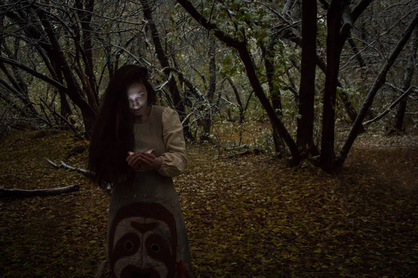 Koncepcja Halloween. czarownica w lesie. Zdjęcie - Zdjęcie, obraz