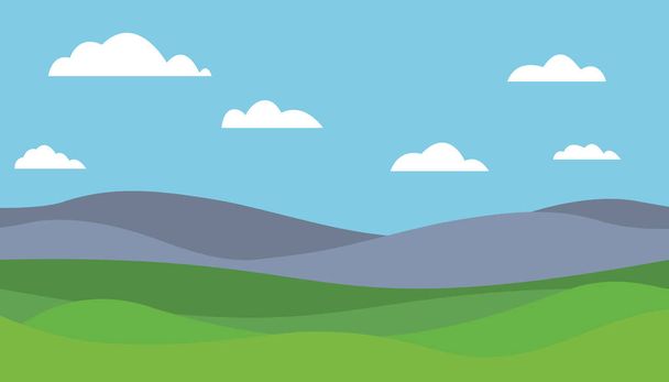 Cartoon kleurrijke platte vectorillustratie van berglandschap met weide onder blauwe hemel met wolken - Vector, afbeelding