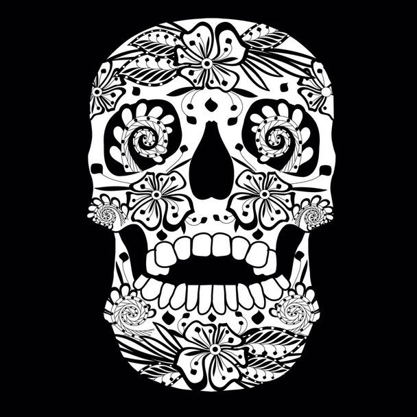 Монохромный эскиз декоративного черепа на черной векторной иллюстрации
  - Вектор,изображение