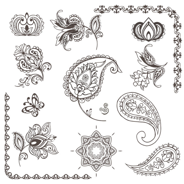 Set for design with flowers, Indian paisley, leaves and abstract elements. Oriental style - Vector, imagen