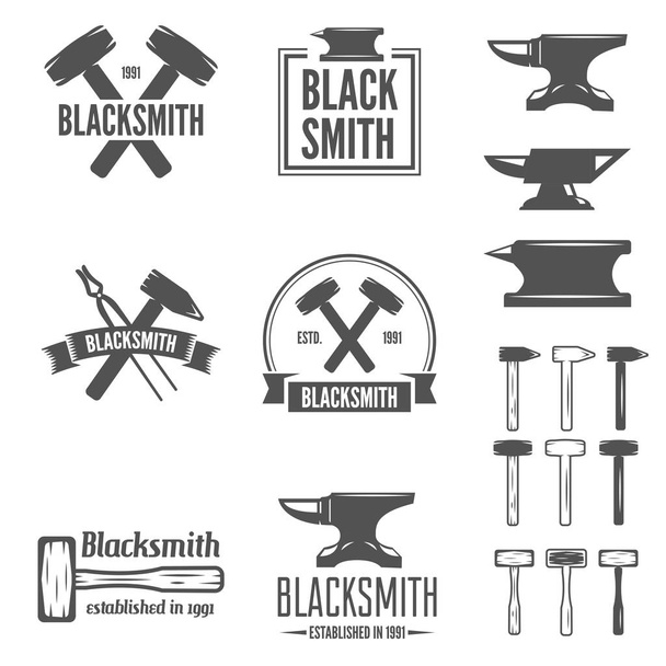 Set of vector logotypes elements, labels, badges and silhouettes for blacksmith - Vector, Image