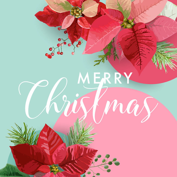 Christmas Winter Poinsettia Flower Banner, Graphic Background, Floral December Invitation, Flyer or Card. Modern Front Page in Vector - Вектор,изображение