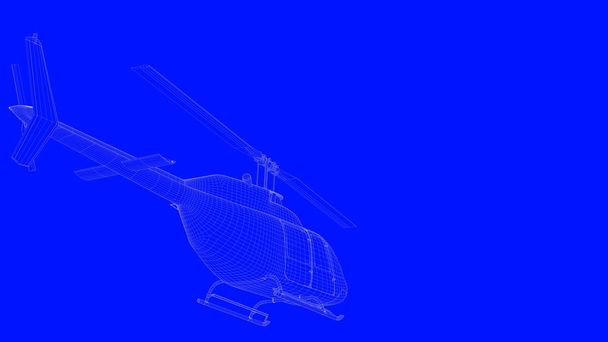 3d rendering of a blue print helicopter  in white lines on a blu - Photo, Image
