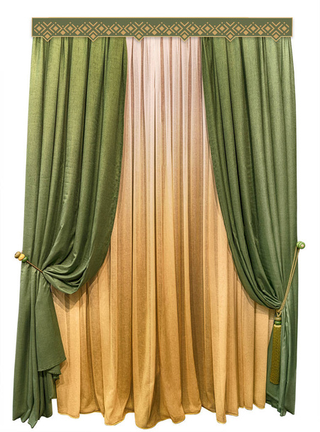 毛織り物の作られた緑のカーテン。色が黄色から白へのグラデーション切り替えリネン チュール。幾何学模様と模様編みの飾り板. - 写真・画像