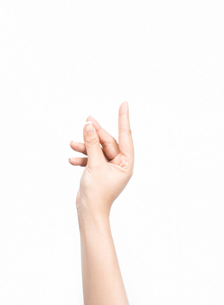 Gros plan asiatique femelle main tenant virtuel carte de visite avec doigt
 - Photo, image