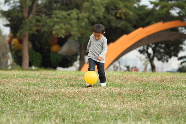 Japonés chico pateando un amarillo bola (3 años de edad) en la hierba
 - Foto, Imagen