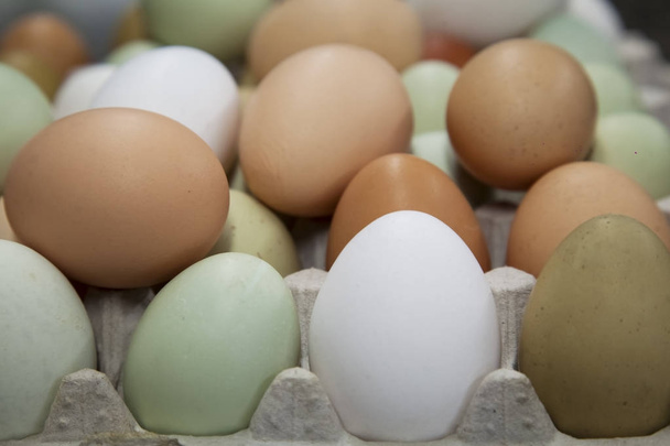 Сырые яйца в упаковке на цветном фоне
 - Фото, изображение