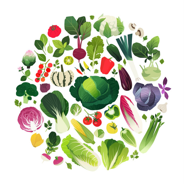 Clip art σετ από λαχανικά και βότανα που κατάφερε σε ένα στρογγυλό σχήμα - Διάνυσμα, εικόνα