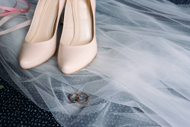 wedding bride shoes with flowers on veil - Photo, Image