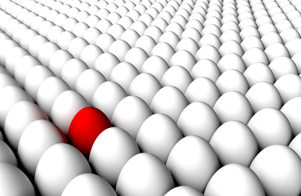 Multitude endless standing white eggs back to back and red one.  - Photo, Image