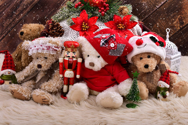 christmas teddy bears still life on wooden background - Φωτογραφία, εικόνα