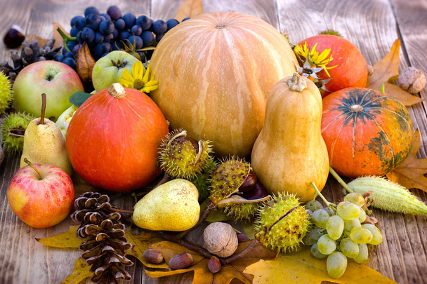 saisonale Ernte auf dem Tisch - gesunde Ernährung (biologisches Obst und Gemüse)) - Foto, Bild