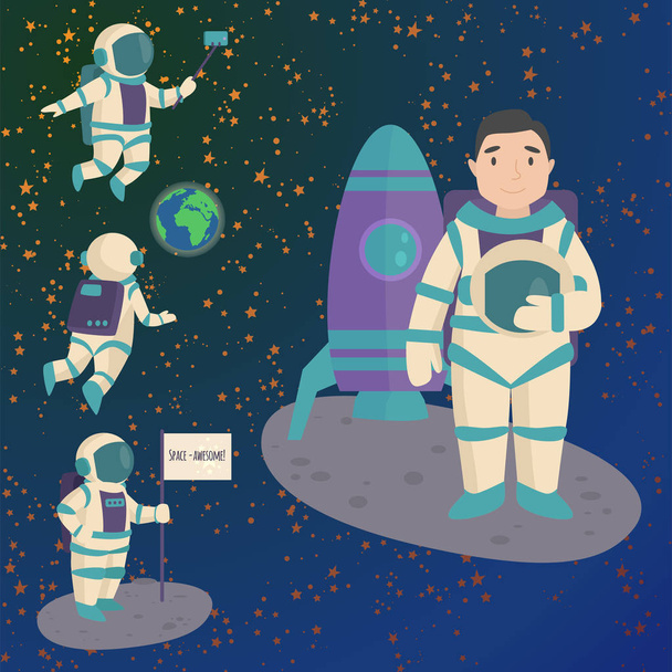 Vector astronauts in space, working character and having fun spaceman galaxy atmosphere system fantasy traveler man. - Vector, Image