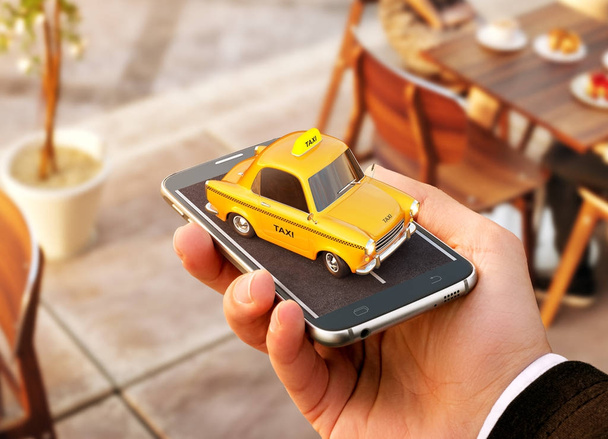 Smartphone application of taxi service for online searching calling and booking a cab. Unusual 3D illustration of taxi cab on smart phone in hand. - Φωτογραφία, εικόνα