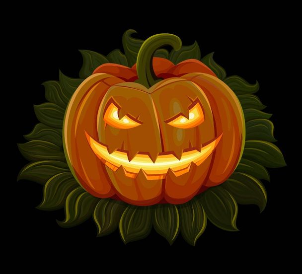 Halloween-Kürbis lächelt. isoliert auf schwarzem Hintergrund - Vektor, Bild
