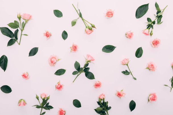 Blütenkomposition. Rahmen aus getrockneten Rosenblüten auf weißem Hintergrund. flache Lage, Draufsicht. - Foto, Bild